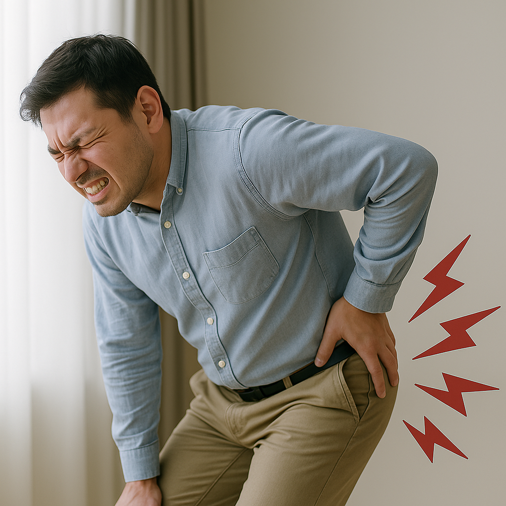 腰からお尻、太ももにかけて痛みを感じている30代日本人男性。腰痛や坐骨神経痛の症状を表すリアルなイメージ。